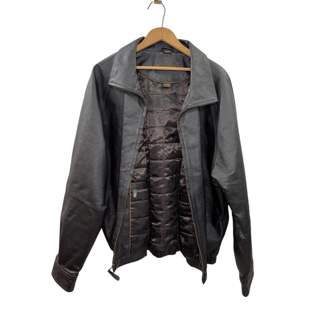 VTG St. John's Bay Mens L Dark Brown Genuine Leather Bomber Jacket Quilted Lined